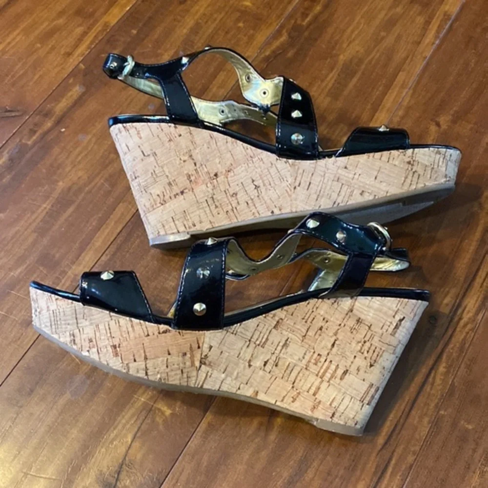 GUESS Black Studded Cork Wedge Sandals Size 8M Platform